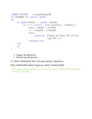  Trigger cập nhật giá trị:
   • Cho hai lược đồ quan hệ:
CT_HOA_DON(SoHD, MaS, SoLuong, DonGia, ThanhTien)
HOA_DON(SoHD, MaKH, NgayLap, TenNV, ThanhTienHD)
. Viết trigger tự động cập nhật giá tri thành tiền trong CT_HOA_DON (thành tiền
= số lượng * đơn giá)
 