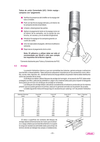 - 23 -
Tubos de unión Cementada (UC): Unión espiga -
campana con *pegamento
Verificar la presencia del chaflán en la espiga del
tubo a instalar.
Pulir con lija fina la espiga del tubo y el interior de
la campana donde ensamblará.
Limpiar y desengrasar las partes.
Aplicar el pegamento tanto en la espiga como en
el interior de la campaña, con la ayuda de una
brocha, sin exceso y en el sentido longitudinal.
Introducir la espiga en la campana girando un
cuarto de vuelta.
Una vez ejecutado el pegado, eliminar el adhesivo
sobrante.
Dejar secar el pegamento de la unión.
Nota: El adhesivo a utilizar debe ser sólo el
recomendado por Nicoll u otro que cumpla
los requisitos de la Norma vigente.
*Cemento disolvente para Tubos y Conexiones de PVC
4.3 Anclaje
La presión hidráulica interna a que son sometidas las tuberias, genera empuje o esfuerzos
que tienden a desacoplarlos. Tales esfuerzos adquieren importancia en los accesorios como válvu-
las, curvas, tees, tapones, etc.; donde la fuerza de empuje debido a la presión interna debe distribuirse
sobre las paredes de la zanja.
A tal efecto se deben utilizar bloques de anclaje de hormigón, el accesorio de PVC debe estar
protegido con filtro, pelicula de polietileno o algún otro material adecuado para impedir el desgaste
de la pieza por el roce con el bloque de anclaje en el tiempo.
Los bloques de anclaje deben calcularse considerando el esfuerzo producido por la máxima
presión que se pueda generar en la linea, esta por lo general coincide con la presión de prueba.
La tabla siguiente indica el Empuje (kg) en accesorios por cada kg / cm2
de presión hidráulica
interna.
Diámetro Nominal Codo 90° Codo 45° Codo 22.5° Tees y Tapones
(mm) (kg) (kg) (kg) (kg)
40 14 8 4 10
50 23 12 6 16
63 37 20 10 26
75 51 28 14 36
90 80 48 26 64
110 110 60 30 78
160 232 126 64 164
200 363 197 100 257
250 569 308 157 402
315 902 488 249 638
El área o superficie de contacto del bloque de
anclaje deberá dimensionarse de modo que el esfuer-
zo o carga unitaria que se trasmite al terreno no supere
la carga de resistencia admisible dado para el tipo de
terreno donde se trabajan las zanjas e instalaciones.
 