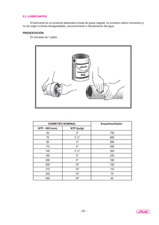 - 29 -
5.3 LUBRICANTES
El lubricante es un producto elaborado a base de grasa vegetal, no contiene cultivo microbiano y
no da origen a olores desagradables, oscurecimiento o decoloración del agua.
PRESENTACIÓN
En envases de 1 galón.
DIÁMETRO NOMINAL Empalmes/Galón
NTP - ISO (mm) NTP (pulg)
63 2" 750
75 2 ½" 680
90 3" 500
110 4" 450
140 5 ½" 300
160 6" 230
200 8" 180
250 10" 150
315 12" 110
355 14" 70
400 16" 40
 