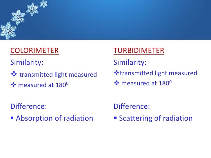 COLORIMETER                    TURBIDIMETERSimilarity:                    Similarity:ï¶ transmitted light measured   ï¶trans...