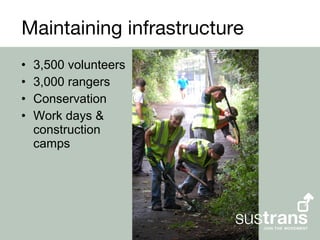 Maintaining infrastructure
•   3,500 volunteers
•   3,000 rangers
•   Conservation
•   Work days &
    construction
    camps
 