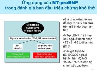 15
Ứng dụng của NT-proBNP
trong đánh giá ban đầu triệu chứng khó thở
•Giá trị ngưỡng tối ưu
để loại trừ suy tim dựa
trên giá trị dự đoán âm
tính
•NT-proBNP: 125 hay
450 ng/L ở bệnh nhân
<75 và >75 tuổi là một
gợi ý.
•Các giá trị khác
50/100/300 ng/L ở
bệnh nhân độ tuổi
<50/50-75/>75 cho độ
chính xác cao hơn.
 