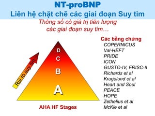 NT-proBNP
Liên hệ chặt chẽ các giai đoạn Suy tim
Thông số có giá trị tiên lượng
các giai đoạn suy tim…
Các bằng chứng
COPERNICUS
Val-HEFT
PRIDE
ICON
GUSTO-IV, FRISC-II
Richards et al
Kragelund et al
Heart and Soul
PEACE
HOPE
Zethelius et al
McKie et al
D
C
B
A
AHA HF Stages
 