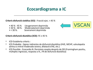 Ecocardiograma a IC

Criteris disfunció sistòlica (ICS) : Fracció ejec. < 45 %

    • 40 % - 45 % Lleugerament deprimida
    • 30 % - 40 %. Moderadament deprimida
                                                                        VSCAN
    • < 30 %.      Severament deprimida

Criteris disfunció diastòlica (ICD): FE ≥ 45 %

•   ICD Establerta criteris :
•   ICD Probable : Signes indirectes de disfunció diastòlica (HVE, MCHP, valvulopatia
    aòrtica o mitral moderada-severa, dilatació d'AE, etc.)
•   ICD Possible : Ecocardio N. Persisteix sospita després de DD (Framingham positiu,
    múltiples ingressos, resposta a tt., FR de disfunció diastòlica)
 