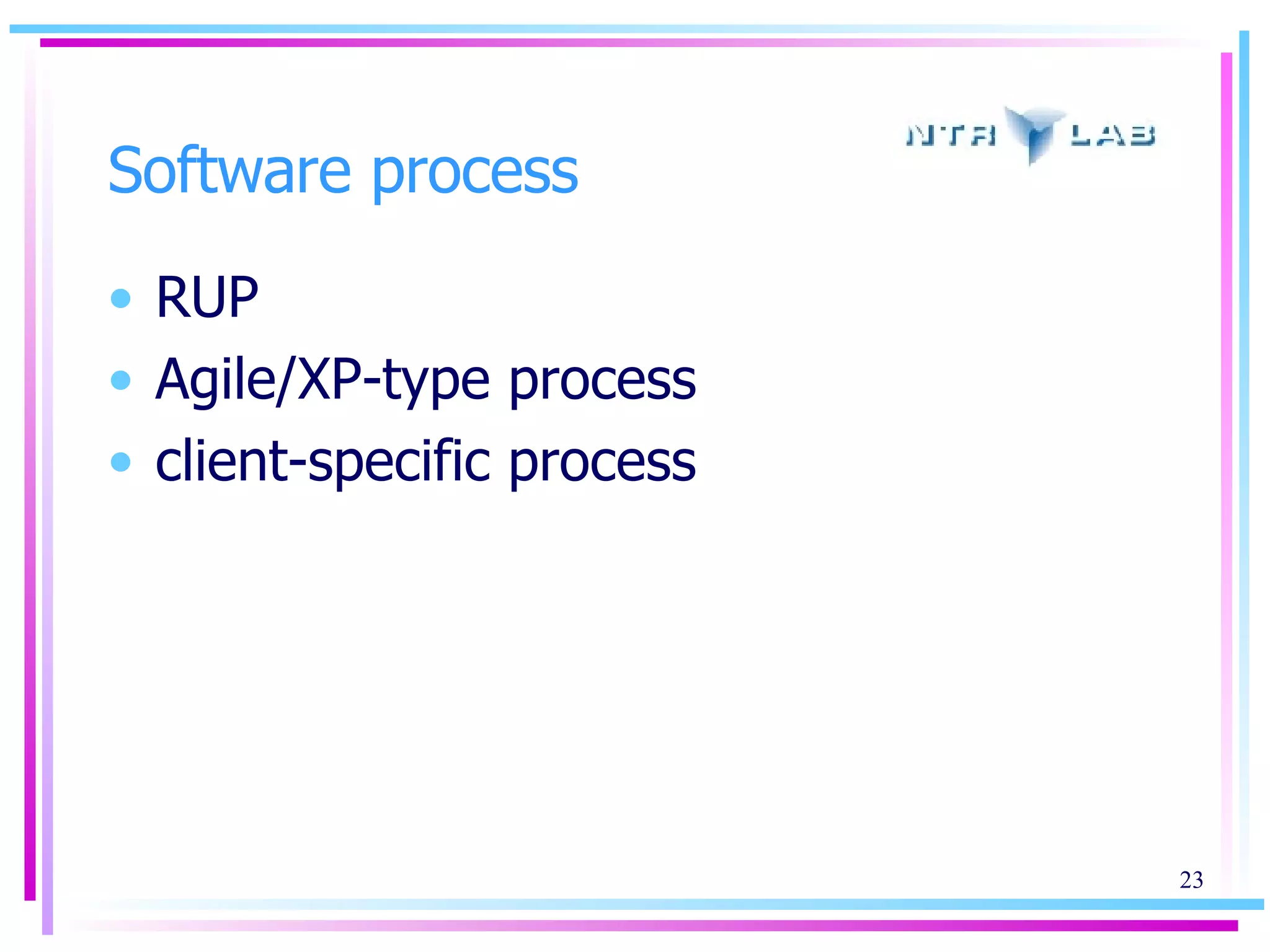 Software process RUP Agile/XP-type process client-specific process 