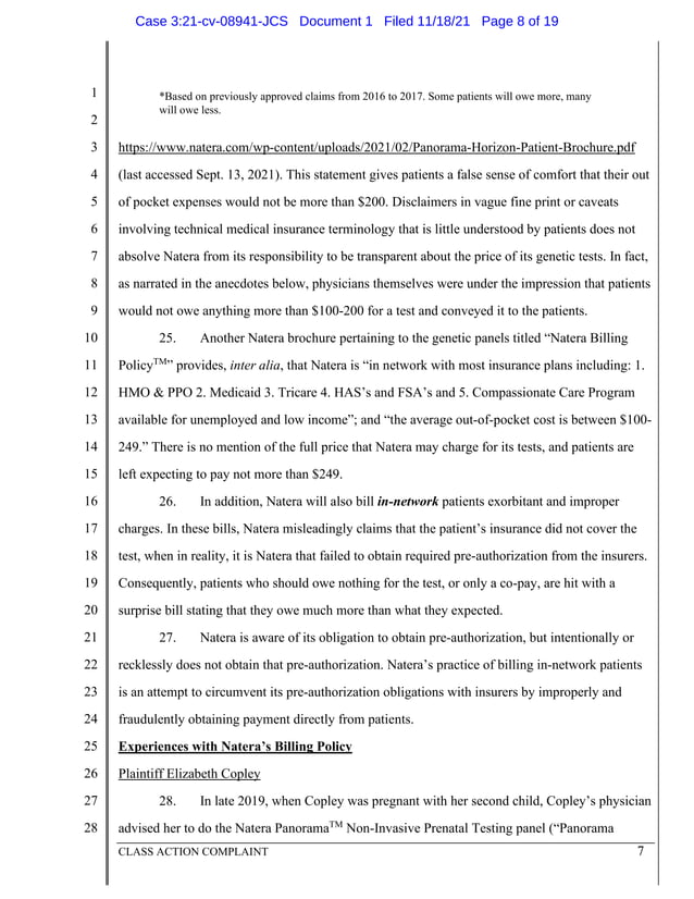 Natera Class Action Lawsuit Alleging Deceptive Billing Practices