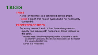 TREES
TREES
A tree (or free tree) is a connected acyclic graph.
Forest: a graph that has no cycles but is not necessarily
connected.
PROPERTIES OF TREES
For every two vertices in a tree there always exists
exactly one simple path from one of these vertices to
the other.
Rooted trees: The above property makes it possible to select
an arbitrary vertex in a free tree and consider it as the root of
the so called rooted tree.
Levels in a rooted tree.
 