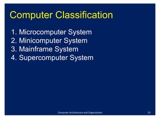 Computer Classification Computer Architecture and Organization Microcomputer System Minicomputer System Mainframe System Supercomputer System 