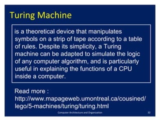 Turing Machine Computer Architecture and Organization is a theoretical device that manipulates symbols on a strip of tape according to a table of rules. Despite its simplicity, a Turing machine can be adapted to simulate the logic of any computer algorithm, and is particularly useful in explaining the functions of a CPU inside a computer. Read more : http://www.mapageweb.umontreal.ca/cousined/lego/5-machines/turing/turing.html  