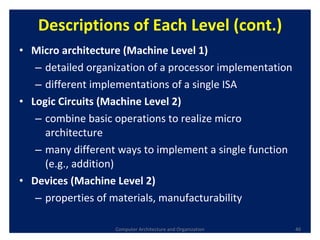 Descriptions of Each Level (cont.) Micro architecture (Machine Level 1) detailed organization of a processor implementation different implementations of a single ISA Logic Circuits (Machine Level 2) combine basic operations to realize micro architecture many different ways to implement a single function  (e.g., addition) Devices (Machine Level 2) properties of materials, manufacturability Computer Architecture and Organization 