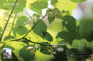 CONTENTS
04 집중과 조명               조선시대부터 지켜온 왕실 삼산밭       박봉우 | 강원대학교 산림대 조경학과 교수,
                                                                       “숲과문화”편집인

                        희귀 멸종위기식물의 보고     엄태원 | 상지대학교 산림과학과 교수

                        가리왕산스키장 대안지 민간 차원에서 재검토하기로               남준기 | 편집위원, 내일신문 기자

12 내셔널트러스트가 만난 사람       이충렬 작가   양병이 | 서울대학교 교수, 한국내셔널트러스트 공동대표

16 영국NT 이야기             금융재벌가‘로스차일드’풍의 와데스돈 저택               조명래 | 내셔널트러스트 이사, 단국대학교 교수

20 근대문화유산               거창의 거인, 최남식 가옥     안창모 | 경기대학교 대학원 건축설계학과 교수, 역사문화환경보존프로그램

23 내셔널트러스트 여행           굽이굽이 순천만을 향하여~ 이사천 절강(切江)                박영란 | 순천시청

24 온 가족이 함께 읽는 자연이야기    백령도 터줏대감, 점박이물범        백용해 | (사)녹색습지교육원장

                        곤드레와 딱주기 이야기      고주환 | 작가

28 품안에                  ‘1 for 2’우리 2를 위한 나의 1가지 행동
30 회원인터뷰                자연을 위한 모금캠페인, 그리고 소중한 발자국                박영기 회원님 | YK안과의원 원장

                        NT의 지방모임이 활성화되길!       김민제 회원님 | 한국산업인력공단 광주지역본부 근무

32 내셔널트러스트 추천도서         혜곡 최순우, 오늘에서야 당신을 온전히 만납니다!                정양모 | 前국립중앙박물관장

34 내셔널트러스트 소식           내셔널트러스트 활동소식
35 내셔널트러스트 알림마당         공지사항
36 후원해주시는 분들            2012년 3월 ~ 5월 후원내역
38 품안에                  지구를 지키는 선물
39 팝업카드시리즈              청주 원흥이 방죽 두꺼비




                                                                                                            발행일 2012년 7월 9일                    발행처 (사)한국내셔널트러스트
                                                                                                            발행인 김홍남 양병이                        서울시 종로구 대학로11길 20 우리빌딩 4층
                                                                                          2012년 여름호         편집위원장 이은희                          (서울시 종로구 명륜동 4가 72-4번지 우리빌딩 4층)
                                                                                                            편집위원 강동진 남준기 서왕진 안창모 오충현           전화 02-739-3131
                                                                                                            유상오 윤인석 임정진 전은정 조명래 한동욱            전송 02-739-9598
                                                                                                            기획 허주희                             1년 정기구독료 20,000원
                                                                                                            편집인쇄 (주)디자인내일                      (정기구독료는 후원금으로 사용됩니다.)
                                                                                           ISSN 1976-2577
                                                                                                            www.nationaltrust.or.kr            * 본지에 게재된 글과 사진, 그림은
                                                                                                            페이스북 www.facebook.com/trustkorea   무단 전재하거나 복제하여 사용할 수 없습니다.

                                                                                                            트위터 @ntrustkorea
                                                                                                            ※ 내셔널트러스트운동은 시민들의 자발적인 자산기증과 기부를 통해 보존가치가 높은 자연환경과 문화유산
                                                                                                              을 확보하여 시민의 소유로 영구히 보전하고 관리하는 시민운동입니다.
                  표지
                  백령도의 점박이 물범 사진 남준기 내일신문 기자                                                                                          목차사진 가리왕산 하봉능선의 개다래나무 사진 남준기 내일신문 기자
 