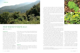 | ✽집중과 조명 |




                                                                                                 다음은 거제수-신갈나무군락으로 해발고 700~1,000m 부근에서 주로 자라며 거
                                                                                               제수나무, 신갈나무, 생강나무, 당단풍나무, 대사초, 국수나무, 붉은병꽃나무, 산새
                                                                                               풀, 참개암나무, 노린재나무 등이 생육하는 숲이다. 이 숲에 생육하는 식물종은 31종
                                                                                               이 어우러져 살고 있다. 그 다음으로는 사스래나무-신갈나무군락으로 사스래나무
                                                                                               와 신갈나무가 주로 자라고 있으며, 우점종으로는 당단풍나무, 대사초, 참취, 단풍                                    1
                                                                                                                                                                                2
                                                                                               취, 고로쇠나무, 큰개별꽃, 눈개승마, 벌깨덩굴, 박새 등이 자라는 숲으로 39종 정도
                                                                                               가 모여살고 있는 숲이다.
                                                                                                 또한 다른 산의 숲에서 흔히 볼 수 없는 전나무-주목나무군락이 분포하고 있으며
                                                                                               전나무, 분비나무, 주목, 개시닥나무, 피나무, 두루미꽃이 생육하고 있으며, 우점종
                                                                                               은 생강나무, 대사초, 단풍취, 왕고로쇠나무, 투구꽃, 큰개별꽃 등이다.
                                                                                                 가리왕산 일대에 자생하는 식물은 총 577종류인 것으로 나타났으며, 이는 우리나
                                                                                               라 관속식물 4071종류의 14.2%이며 강원도에 분포하는 관속식물 1,913종류의
                                                                                               30.2%에 해당한다. 이와 같이 비교적 식물자원이 풍부한 이유는 산림이 잘 보존되
                                                                                               어 있으며 아고산 침엽수림과 온대 활엽수림이 접하고 있는 곳이기 때문에 식물종다
                                                                                               양성이 높은 곳이라 판단된다.
                                                                                                 이를 형태별로 관계가 있는 것으로 나누어 보면 고사리와 같은 양치식물류는 총
                                                                      가리왕산의 중봉과 하봉 능선 사진 이수용   28종류이며, 소나무와 같이 잎이 바늘과 같은 나자식물류는 총 9종류, 잎이 넓은 활                                 1 병품쌈 2 한계령풀

                                                                                               엽수가 대부분인 피자식물류는 총 540종이 서식하고 있는 것으로 나타났다. 특히 가

희귀 멸종위기식물의 보고                                                                                  리왕산은 활엽수의 다양성이 높은 지역이다.
                                                                                                 자생하고 있는 식물 중 식용이 242종류(41.9%)로 가장 많았으며, 목초용이 207
엄태원 | 상지대학교 산림과학과 교수                                                                           종류(35.9%), 약용이 195종류(33.8%), 관상용이 77종류(13.3%), 목재용이 29종류
                                                                                               (5.0%), 섬유용이 16종류(2.8%), 잡용자원이 9종류(1.6%), 공업용이 3종류(0.5%)의
가리왕산의 분포구계                             있는 숲이다. 해발고도 500m 이하에는 지역주민을 비롯한 사람들에 의해 하층식생           순으로 나타났고 용도를 알지 못하는 것도 113종류(19.6%)로 나타났다.                                      양을 닮은 한계령풀, 멋진 머리 장식을 한 갈퀴현호색,
가리왕산(1,560.6m)은 동경 128° 57”북위 37°
                       33’ ,     27’   이 부분적으로 파괴되어 있으나 그 이상의 지역에서는 비교적 안정되고 잘 보존된               가리왕산에 자생하는 한국특산식물은 총 26종류(식재종 2종류 포함)이며 우리나라                                  애기기린초, 좀꼬리까치밥나무, 생열귀나무, 노랑갈퀴,
31” 위치하고, 행정적으로는 강원도 정선군 정선읍,
  에                                    구조를 나타내고 있다.                                            에 분포하는 특산식물 570종류의 4.6%이고 강원도에 분포하는 한국특산식물 148종류                                제비꽃 중에 꽃이 큰 금강제비꽃, 귀한 한약재로 쓰이는
북면과 평창군 진부면의 경계에 있으며, 서쪽으로는 중           산 능선에는 북방계 식물들이 구성하는 산림생태계의 전형성을 갖추고 있는 산림             의 17.6%(강원도, 1997)이다. 주요 특산식물종은 키버들, 요강나물, 할미밀망, 참꿩의                            고본, 왜우산풀, 참좁쌀풀, 초본 중에 잎이 가장 큰 병풍
왕산과 발왕산이 남서쪽으로는 청옥산을 마주하며 남            으로 가리왕산 일대에는 전국에서 제일가는 천연활엽수림과 희귀수목이 생육하고 있             다리, 자주꿩의 다리, 왕매발톱나무, 갈퀴현호색, 좀꼬리까치밥나무, 매화말발도리,                                   쌈, 눈개쑥부쟁이, 두루미꽃, 산마늘을 비롯하여 우리나
동쪽으로는 중봉, 하봉, 민둔산과 비황산의 연봉으로           다. 더불어 가리왕산은 최근 지구온난화에 따른 기후변화로 북방계 식물의 보전이 중           터리풀, 노랑갈퀴, 털조록싸리, 개시닥나무, 금강제비꽃, 지리산오갈피나무, 지리강                                   라 진부에서 처음 발견된 금강애기나리, 귀부인을 연상
이어지면 그 끝자락에 정선읍이 자리 잡고 있다. 가리          요한 환경문제로 대두되고 있어 그 중요성이 크며 절대적 보존가치를 가진다 하겠다.           활, 참좁쌀풀, 청괴불나무, 병꽃나무, 고려엉겅퀴, 눈개쑥부쟁이, 국화방망이 등 이다.                                시키는 연영초, 사약의 재료로 쓰인 참여로 등이다.
왕산이라는 지명은 갈왕이 서심토의 난을 피하여 이곳            주목, 분비나무, 만병초, 마가목(馬牙木) 등 전국 최대의 천연활엽수 임지로 과거 궁          또한 가리왕산에는 약 27종의 희귀식물이 분포하고 있다. 희귀식물이란 일반적으                                        식물이외에도 멸종위기 포유류인 사향노루와 보호
으로 왔다하여 갈왕산이라 명명되었다가 일제강점기를            궐에 산삼을 진상하기 위하여 일반인의 산삼채취를 금지하는 삼산봉표(蔘山封標)가 발           로 보호되어야 하는 자생지의 식물 특히, 개체군의 크기가 극히 적거나 감소하여 보전                                  대상종인 담비, 하늘다람쥐가 서식하고 있는 것으로
거치면서 지금의 가리왕산으로 불리어 오게 되었다.            견되는 등 산나물과 약초가 풍부한 내륙의 육산으로 정상에 오르면 동해바다가 조망되           이 필요한 식물로서 종의 지리적 분포영역, 서식지의 특이성 정도 및 지역 집단의 크                                  보고된바 있으며 장전계곡을 비롯한 계곡에는 열목어
    가리왕산은 거대한 육산이며 태백산맥의 지붕 역할         는 산이다.                                                  기를 고려하여 희귀성의 범주를 설정한다. 희귀식물은 멸종위기식물, 보호식물, 감소                                   가 서식하는 등 희귀동・식물의 보고이다.
을 하고 있으며 조선시대부터 그 중요성이 알려져 국가                                                                  추세종, 특정식물, 법정보호식물, 적색 식물목록 등 다양한 용어로 사용되고 있다.                                        가리왕산과 같이 희귀요소가 풍부한 것은 아고산대 침
                         1)
에서 관리하던 봉산 으로 관리되어 오던 산이다.             가리왕산의 식물                                                  주요 희귀식물종은 주저고사리, 좀호랑버들, 왕느릅나무, 애기쐐기풀, 요강나물, 바                                 엽수림과 온대 활엽수림이 혼생하는 등, 다양한 생육환
    가리왕산은 일화식물구계, 온대아구계(溫帶亞區系)         가리왕산 숲의 대표적인 숲구조를 이루는 수종은 해발고가 낮은 지역에서 소나               람의 여신이란 뜻이 있는 국화바람꽃, 너도바람꽃, 나도바람꽃, 흡사 사자의 머리 모                                  경에 따른 종다양성이 높기 때문인 것으로 판단된다.
               2)
의 한국구 에 속해 있으며 이를 좀 더 세분하면 중부아         무-산거울군락으로 이 숲에 나타나는 대표적인 식물종은 소나무와 산거울이며, 우
    3)
구 의 중앙부 동쪽에 위치하고 있다. 전형적인 한국 온         점종(優占種)으로는 신갈나무, 철쭉, 생강나무, 노린재나무, 큰기름새, 털조록싸리           1) 봉산 : 나라에 필요한 목재를 조성하기 위하여 벌채를 금지하는 산
                                                                                               2) 한국구 : Ronald Good(1947)는 세계식물의 분포구계를 총 37개 구계로 구분했으며, 한국의 경우 일화식물구계(Sino-japonica Region)에, 반도의 거의 대부분은 온대아구계(溫帶亞區系)의 한국구에 속한다.
대의 주림목인 신갈나무-철쭉 군목이 주축을 이루고            등 약 35종 정도의 식물종이 나타나는 숲이다.                              3) 중부아구 : 한반도의 6개 아구(亞區: sub-region) 중 특산식물의 비율이 가장 높은 아구이다.



8        | 2012년 여름호 |        |                                                                                                                                                                      | 2012년 여름호 |          |   9
 