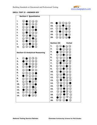 Building Standards in Educational and Professional Testing
National Testing Service Pakistan Overseas Scholarship Scheme for PhD Studies
DRILL TEST II - ANSWER KEY
Section-I Quantitative
1.
2.
3.
4.
5.
6.
7.
8.
9.
10.
Section-II Analytical Reasoning
1.
2.
3.
4.
5.
6.
7.
8.
9.
10.
11.
12.
13.
14.
15.
16.
17.
18.
19.
20.
Section-III Verbal
1.
2.
3.
4.
5.
6.
7.
8.
9.
10.
11.
12.
13.
14.
15.
16.
17.
18.
19.
20.
C E
A D EC
A C
DB C
A D E
A DB
A C
A DC
D EB
EB
A EC
D EB
D E
A EB
A EB
C
C DB
DB
CA B
A B
DB
CB
DB
A B C
C
A D
E
E
E
E
EB C
B
B
A
A
A
A
A
A
E
E
E
E
D
C
C
D
D
E
D
D
C
D
D
D
A D EB
A EB C
A D EC
A EB C
A DB C
A EB D
A D E
D EC
A D E
DB C
A EB
EC D
A EC
A EB
A D E
A D EB
D EB
EC D
DB C
D EC
D EB
A EB
A EB
C EB
C EB
A
A
A
A
C
A
C
B
C
C
B
B
B
A
A
A
A
D
D
D
D
D
A
www.maxpapers.com
 