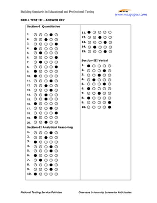 Building Standards in Educational and Professional Testing
National Testing Service Pakistan Overseas Scholarship Scheme for PhD Studies
DRILL TEST III - ANSWER KEY
Section-I Quantitative
1.
2.
3.
4.
5.
6.
7.
8.
9.
10.
11.
12.
13.
14.
15.
16.
17.
18.
19.
20.
Section-II Analytical Reasoning
1.
2.
3.
4.
5.
6.
7.
8.
9.
10.
11.
12.
13.
14.
15.
Section-III Verbal
1.
2.
3.
4.
5.
6.
7.
8.
9.
10.
B C D E
A B C E
A B D E
A C D E
A B C E
B C D E
A B D E
B C D E
A B C D
A B C D
A B C E
A B D E
A B C D
B C D E
A C D E
A B C D
A C D E
A B C D
B C D E
B C D E
A B C E
A B D E
A B C E
A B D E
A B D E
B C D E
A B C E
A B C D
B C D E
A B D E
A B C E
A B D E
B C D E
A B C E
A B C E
B C D E
A C D E
A B C E
A B C E
B C D E
B C D E
A B D E
A B C E
A C D E
A B C E
www.maxpapers.com
 