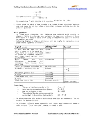 Building Standards in Educational and Professional Testing
National Testing Service Pakistan Overseas Scholarship Scheme for PhD Studies
Add two equations:
10
2
2 12 6
x y
x y
x x
+ =
− =
= ⇒ =
Now replacing x with 6 in the first equation:
6 10 4y y+ = ⇒ =
• If you know the value of one variable in a system of two equations, you can
use this value to get the value of the other variable. As it is done in the
previous question.
Word problems
• To solve word problems, first translate the problem from English to
Algebra. While translating, use variables to represent unknowns. Once
translated, it is easy to solve them using the techniques you have learned
in previous sections.
• Following English to Algebra dictionary will be helpful in translating word
problems to algebraic expressions.
English words
Mathematical
meaning
Symbol
Is, was, will be, had, has, will
have, is equal to, is the same as
Equals =
Plus, more than, sum, increased
by, added to, exceeds, received,
got, older than, farther than,
greater than
Addition +
Minus, fewer, less than,
difference, decreased by,
subtracted from, younger than,
gave, lost
Subtraction −
Times, of, product, multiplied by Multiplication ×
Divided by, quotient, per, for Division
or
a
b
÷
More than, greater than Inequality >
At least Inequality ≥
Fewer than, less than Inequality <
At most Inequality ≤
What, how many, etc. Unknown quantity x
(Some variable)
Examples:
o The sum of 5 and some number is 13. 5 13x+ =
o Javed was two years younger than Saleem. 2J S= −
o Bilal has at most Rs.10,000. 10000B ≤
o The product of 2 and a number exceeds that
number by 5 (is 5 more than that number). 2 5N N= +
• In word problems, you must be sure about what you are answering. Do not
answer the wrong question.
• In problems involving ages, remember that “years ago” means you need to
subtract, and “years from now” means you need to add.
www.maxpapers.com
 