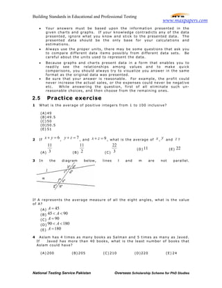 Building Standards in Educational and Professional Testing
National Testing Service Pakistan Overseas Scholarship Scheme for PhD Studies
• Your answers must be based upon the information presented in the
given charts and graphs. If your knowledge contradicts any of the data
presented, ignore what you know and stick to the presented data. The
presented data should be the only base for your calculations and
estimations.
• Always use the proper units, there may be some questions that ask you
to compare different data items possibly from different data sets. Be
careful about the units used to represent the data.
• Because graphs and charts present data in a form that enables you to
readily see the relationships among values and to make quick
comparisons, you should always try to visualize you answer in the same
format as the original data was presented.
• Be sure that your answer is reasonable. For example, the profit could
never increase the actual sales, or the expenses could never be negative
etc. While answering the question, first of all eliminate such un-
reasonable choices, and then choose from the remaining ones.
2.5 Practice exercise
1 What is the average of positive integers from 1 to 100 inclusive?
(A) 49
(B) 49.5
(C) 50
(D)50.5
(E) 51
2 If
6x y+ = ,
7y z+ = , and 9x z+ = , what is the average of x ,
y and z ?
(A)
11
3 (B)
11
2 (C)
22
3
(D) 11 (E) 22
3 In the diagram below, lines l and m are not parallel.
If A represents the average measure of all the eight angles, what is the value
of A?
(A) 45A =
(B) 45 90A< <
(C) 90A =
(D) 90 180A< <
(E) 180A =
4 Aslam has 4 times as many books as Salman and 5 times as many as Javed.
If Javed has more than 40 books, what is the least number of books that
Aslam could have?
(A) 200 (B) 205 (C) 210 (D)220 (E) 24
www.maxpapers.com
 