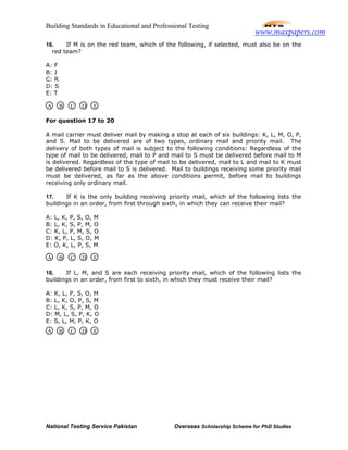 Building Standards in Educational and Professional Testing
National Testing Service Pakistan Overseas Scholarship Scheme for PhD Studies
16. If M is on the red team, which of the following, if selected, must also be on the
red team?
A: F
B: J
C: R
D: S
E: T
For question 17 to 20
A mail carrier must deliver mail by making a stop at each of six buildings: K, L, M, O, P,
and S. Mail to be delivered are of two types, ordinary mail and priority mail. The
delivery of both types of mail is subject to the following conditions: Regardless of the
type of mail to be delivered, mail to P and mail to S must be delivered before mail to M
is delivered. Regardless of the type of mail to be delivered, mail to L and mail to K must
be delivered before mail to S is delivered. Mail to buildings receiving some priority mail
must be delivered, as far as the above conditions permit, before mail to buildings
receiving only ordinary mail.
17. If K is the only building receiving priority mail, which of the following lists the
buildings in an order, from first through sixth, in which they can receive their mail?
A: L, K, P, S, O, M
B: L, K, S, P, M, O
C: K, L, P, M, S, O
D: K, P, L, S, O, M
E: O, K, L, P, S, M
18. If L, M, and S are each receiving priority mail, which of the following lists the
buildings in an order, from first to sixth, in which they must receive their mail?
A: K, L, P, S, O, M
B: L, K, O, P, S, M
C: L, K, S, P, M, O
D: M, L, S, P, K, O
E: S, L, M, P, K, O
A B C D E
A B C D E
A B C D E
www.maxpapers.com
 