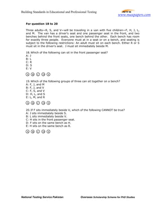 Building Standards in Educational and Professional Testing
National Testing Service Pakistan Overseas Scholarship Scheme for PhD Studies
For question 18 to 20
Three adults—R, S, and V—will be traveling in a van with five children—F, H, J, L,
and M. The van has a driver's seat and one passenger seat in the front, and two
benches behind the front seats, one bench behind the other. Each bench has room
for exactly three people. Everyone must at in a seat or on a bench, and seating is
subject to the following restrictions: An adult must sit on each bench. Either R or S
must sit in the driver's seat. J must sit immediately beside M.
18. Which of the following can sit in the front passenger seat?
A: J
B: L
C: R
D: S
E: V
19. Which of the following groups of three can sit together on a bench?
A: F, J, and M
B: F, J, and V
C: F, S, and V
D: H, L, and S
E: L, M, and R
20. If F sits immediately beside V, which of the following CANNOT be true?
A: J sits immediately beside S.
B: L sits immediately beside V.
C: H sits in the front passenger seat.
D: F sits on the same bench as H.
E: H sits on the same bench as R.
A B C D E
A B C D E
A B C D E
www.maxpapers.com
 