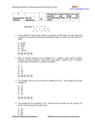 Building Standards in Educational and Professional Testing
National Testing Service Pakistan Overseas Scholarship Scheme for PhD Studies
I
Quantitative
Section
No. Of
Questions
20
Choose the correct answer for each
question and shade the
corresponding OVAL in the answer
sheet
1. If the pattern of dots shown above is continued so that each row after Row One
contains 1 dot more than the row immediately above it, which row will contain 12
dots?
A. Seven
B. Eight
C. Nine
D. Ten
E. Twelve
2. Each of Steve's buckets has a capacity of 11 gallons, while each of Mark's
buckets can hold 8 gallons. How much more water in gallons can 7 of Steve's
bucket's hold compared to 7 of Mark's buckets?
A. 3
B. 7
C. 21
D. 24
E. 56
3. Two integers have a sum of 42 and a difference of 22. The greater of the two
integers is
A. 22
B. 25
C. 28
D. 31
E. 32
4. The average of five numbers is 34. If three of the numbers are 28, 30 and 32,
what is the average of the other two?
A. 40
B. 50
C. 60
D. 70
A B C D E
A B C D E
A B C D E
www.maxpapers.com
 