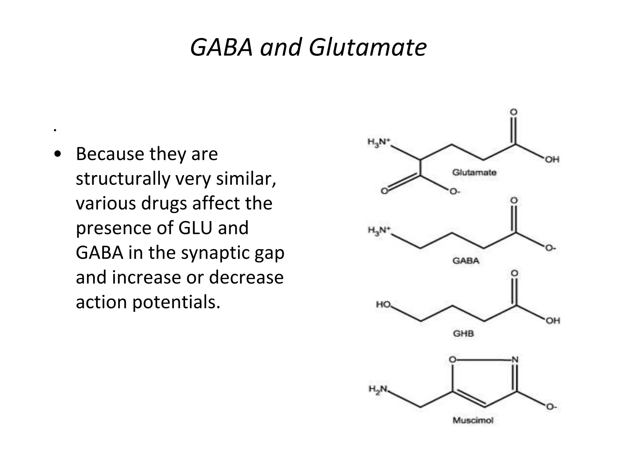 GABA and Glutamate
.
• Because they are
structurally very similar,
various drugs affect the
presence of GLU and
GABA in the synaptic gap
and increase or decrease
action potentials.
 