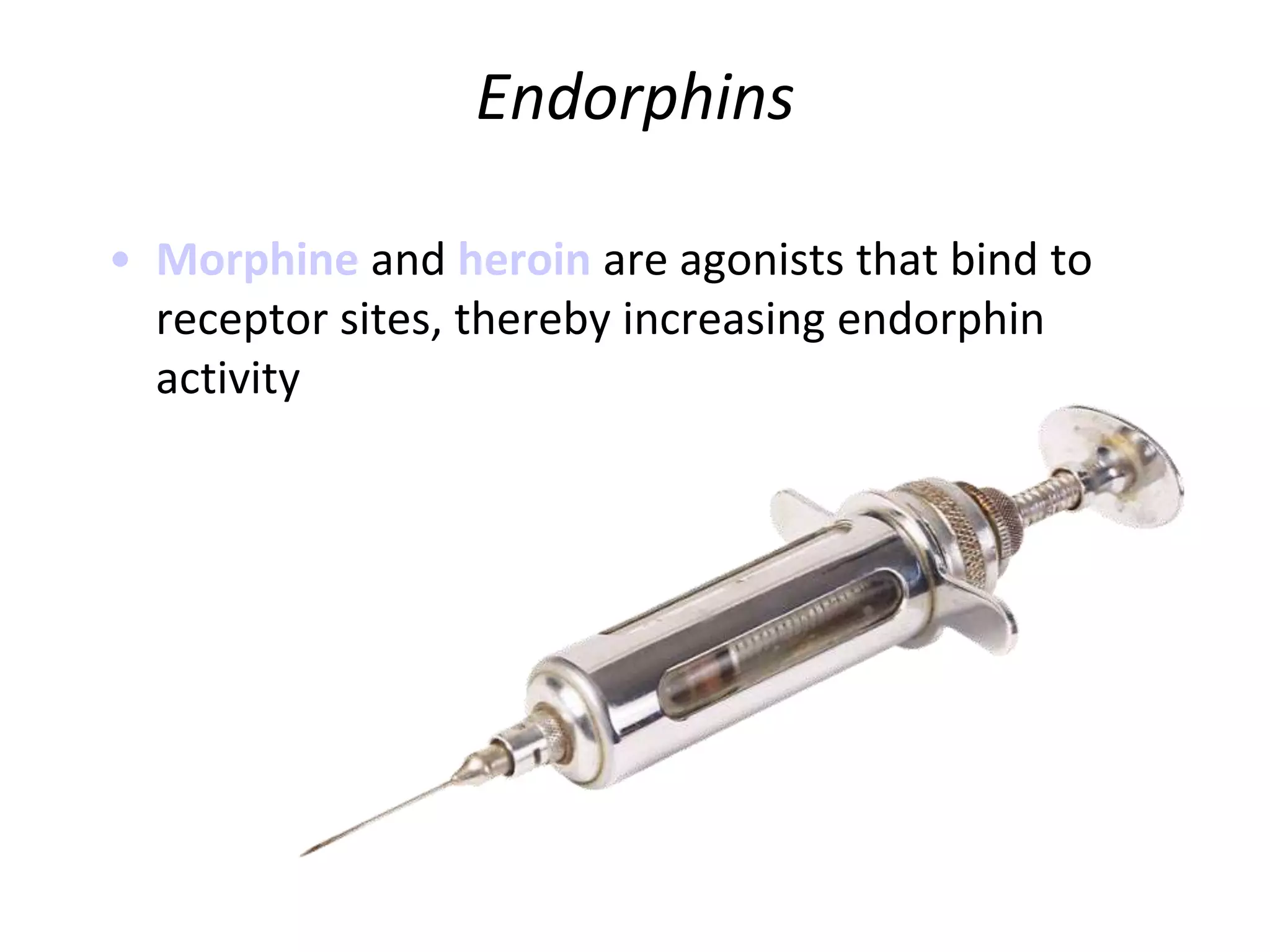 Endorphins
• Morphine and heroin are agonists that bind to
receptor sites, thereby increasing endorphin
activity
 