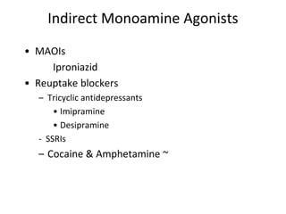 • MAOIs
Iproniazid
• Reuptake blockers
– Tricyclic antidepressants
• Imipramine
• Desipramine
- SSRIs
– Cocaine & Amphetamine ~
Indirect Monoamine Agonists
 
