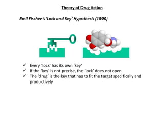 Theory of Drug Action
Emil Fischer’s ‘Lock and Key’ Hypothesis (1890)
 Every ‘lock’ has its own ‘key’
 If the ‘key’ is not precise, the ‘lock’ does not open
 The ‘drug’ is the key that has to fit the target specifically and
productively
 