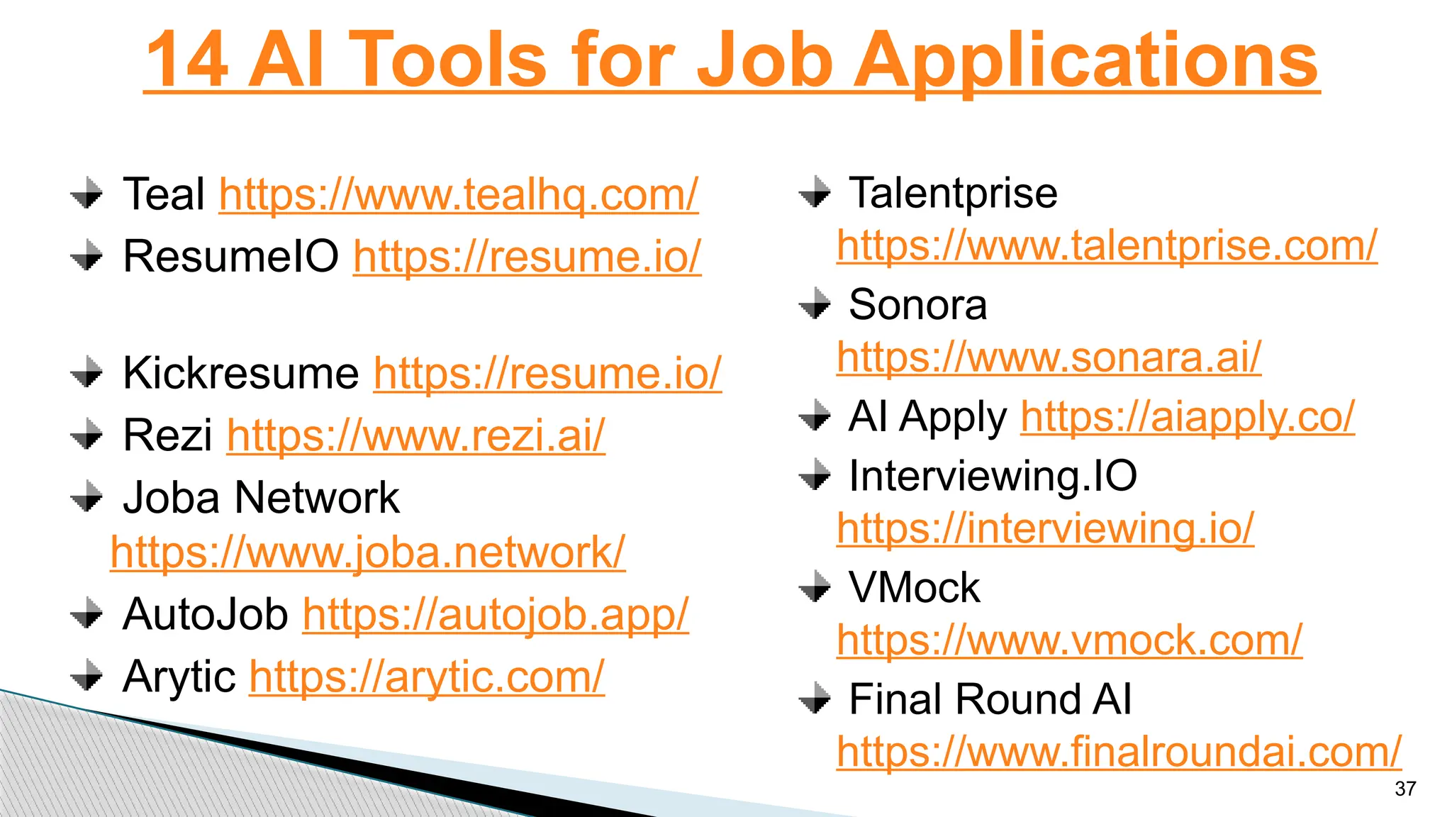 Teal https://www.tealhq.com/
ResumeIO https://resume.io/
Kickresume https://resume.io/
Rezi https://www.rezi.ai/
Joba Network
https://www.joba.network/
AutoJob https://autojob.app/
Arytic https://arytic.com/
14 AI Tools for Job Applications
37
Talentprise
https://www.talentprise.com/
Sonora
https://www.sonara.ai/
AI Apply https://aiapply.co/
Interviewing.IO
https://interviewing.io/
VMock
https://www.vmock.com/
Final Round AI
https://www.finalroundai.com/
 