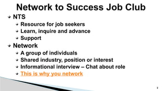 Network to Success Job Club
NTS
Resource for job seekers
Learn, inquire and advance
Support
Network
A group of individuals
Shared industry, position or interest
Informational interview – Chat about role
This is why you network
2
 