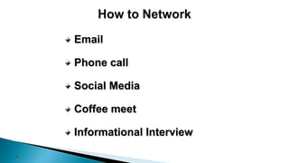 29
Email
Phone call
Social Media
Coffee meet
Informational Interview
 
