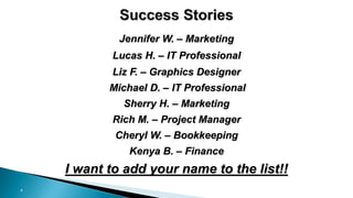 4
Jennifer W. – Marketing
Lucas H. – IT Professional
Liz F. – Graphics Designer
Michael D. – IT Professional
Sherry H. – Marketing
Rich M. – Project Manager
Cheryl W. – Bookkeeping
Kenya B. – Finance
I want to add your name to the list!!
 