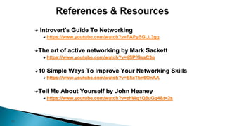 45
Introvert's Guide To Networking
https://www.youtube.com/watch?v=FAPySGLL3gg
The art of active networking by Mark Sackett
https://www.youtube.com/watch?v=IjSPfGsaC3g
10 Simple Ways To Improve Your Networking Skills
https://www.youtube.com/watch?v=E5xTbn6OnAA
Tell Me About Yourself by John Heaney
https://www.youtube.com/watch?v=zhWq1Q8uGg4&t=2s
 