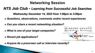 47
NTS Job Club - Learning from Successful Job Searches
Wednesday December 14, 2022 from 1:00pm to 3:00pm
Questions, obser...