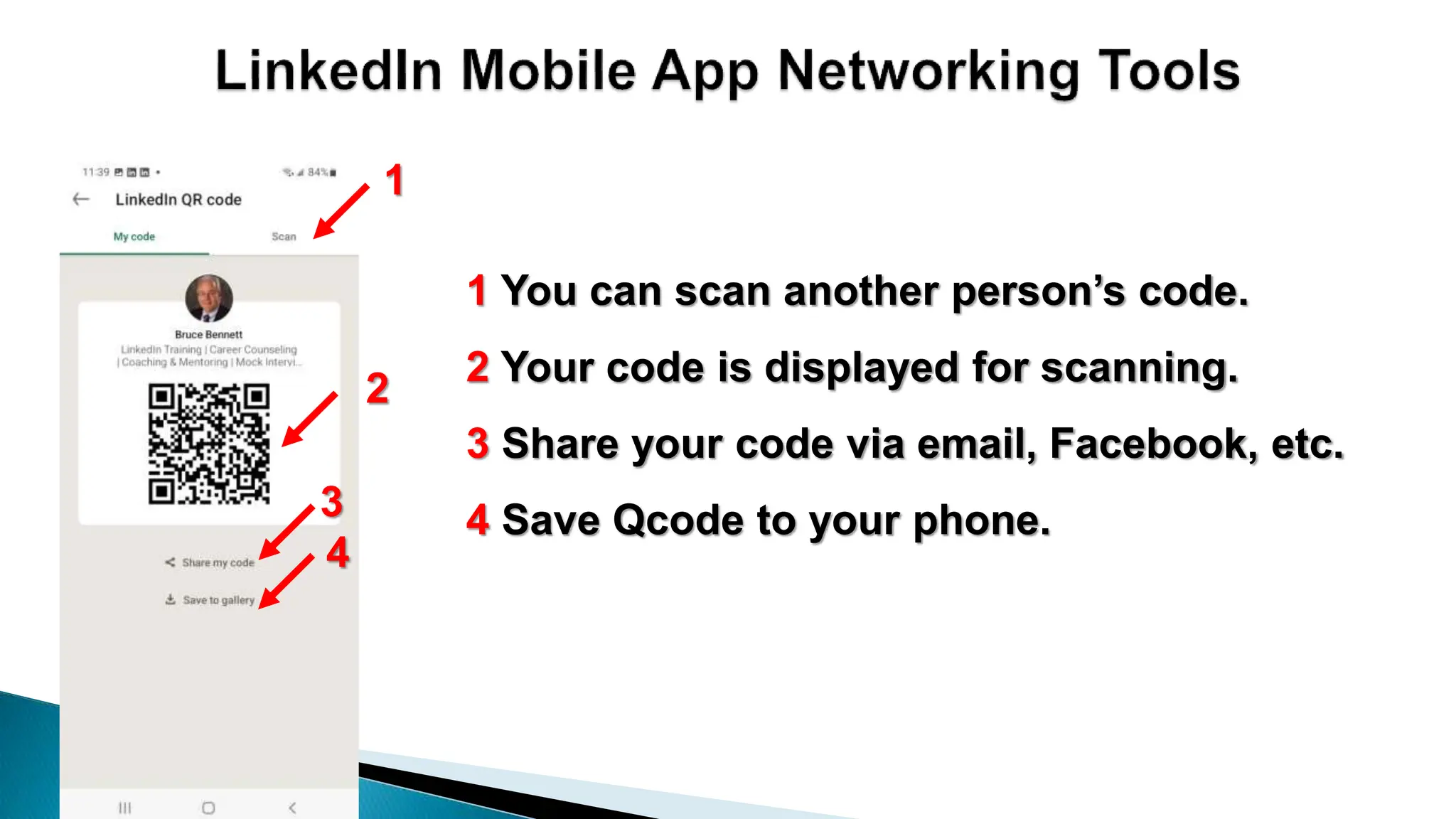 46
1 You can scan another person’s code.
2 Your code is displayed for scanning.
3 Share your code via email, Facebook, etc.
4 Save Qcode to your phone.
2
1
3
4
 