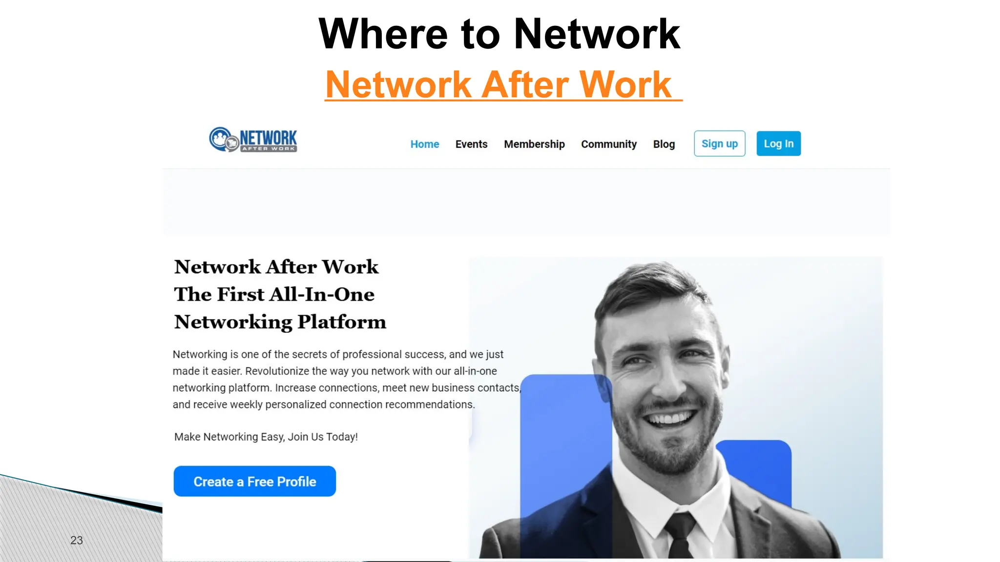 23
Where to Network
Network After Work
 