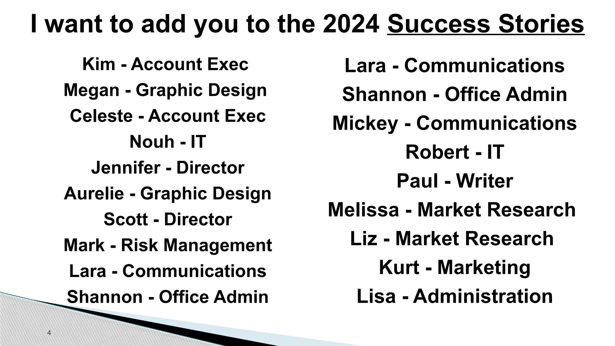 4
I want to add you to the 2024 Success Stories
Kim - Account Exec
Megan - Graphic Design
Celeste - Account Exec
Nouh - IT
Jennifer - Director
Aurelie - Graphic Design
Scott - Director
Mark - Risk Management
Lara - Communications
Shannon - Office Admin
Lara - Communications
Shannon - Office Admin
Mickey - Communications
Robert - IT
Paul - Writer
Melissa - Market Research
Liz - Market Research
Kurt - Marketing
Lisa - Administration
 