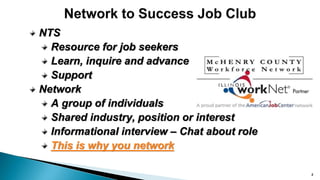 NTS
Resource for job seekers
Learn, inquire and advance
Support
Network
A group of individuals
Shared industry, position or interest
Informational interview – Chat about role
This is why you network
3
 