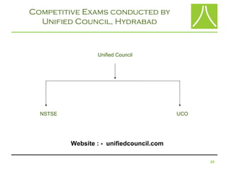 Competitive Exams conducted by
  Unified Council, Hydrabad



                  Unified Council




  NSTSE                                    UCO




          Website : - unifiedcouncil.com

                                                 29
 