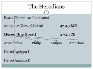 The Herodians
Esau (Edomites/ Idumeans)

Antipater (Gov. of Judea)        47-43 BCE

Herod (the Great)                37-4 BCE

Aristobulus        Philip   Antipas   Archelaus

Herod Agrippa I

Herod Agrippa II
 