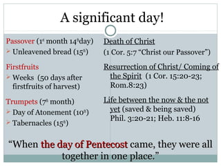 A significant day!
Passover (1st month 14thday)   Death of Christ
 Unleavened bread (15th)      (1 Cor. 5:7 “Christ our Passover”)

Firstfruits                    Resurrection of Christ/ Coming of
 Weeks (50 days after          the Spirit (1 Cor. 15:20-23;
  firstfruits of harvest)       Rom.8:23)

Trumpets (7th month)           Life between the now & the not
 Day of Atonement (10th)        yet (saved & being saved)
 Tabernacles (15th)
                                 Phil. 3:20-21; Heb. 11:8-16


“When the day of Pentecost came, they were all
           together in one place.”
 