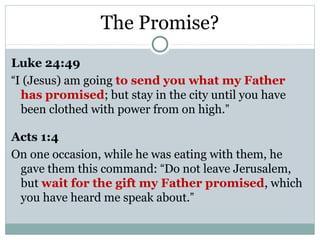 The Promise?
Luke 24:49
“I (Jesus) am going to send you what my Father
  has promised; but stay in the city until you have
  been clothed with power from on high.”

Acts 1:4
On one occasion, while he was eating with them, he
 gave them this command: “Do not leave Jerusalem,
 but wait for the gift my Father promised, which
 you have heard me speak about.”
 