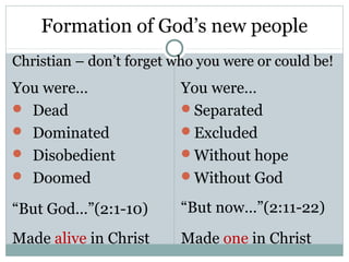 Formation of God’s new people
Christian – don’t forget who you were or could be!
You were…                 You were…
 Dead                    Separated
 Dominated               Excluded
 Disobedient             Without hope
 Doomed                  Without God

“But God…”(2:1-10)        “But now…”(2:11-22)
Made alive in Christ      Made one in Christ
 
