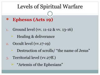 Levels of Spiritual Warfare

 Ephesus (Acts 19)

1.   Ground level (vv. 11-12 & vv. 13-16)
        Healing & deliverance
2.   Occult level (vv.17-19)
        Destruction of scrolls/ “the name of Jesus”
3.   Territorial level (vv.27ff.)
      “Artemis of the Ephesians”
 