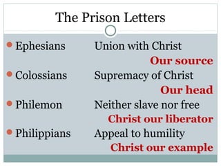The Prison Letters
Ephesians     Union with Christ
                          Our source
Colossians    Supremacy of Christ
                             Our head
Philemon      Neither slave nor free
                 Christ our liberator
Philippians   Appeal to humility
                  Christ our example
 
