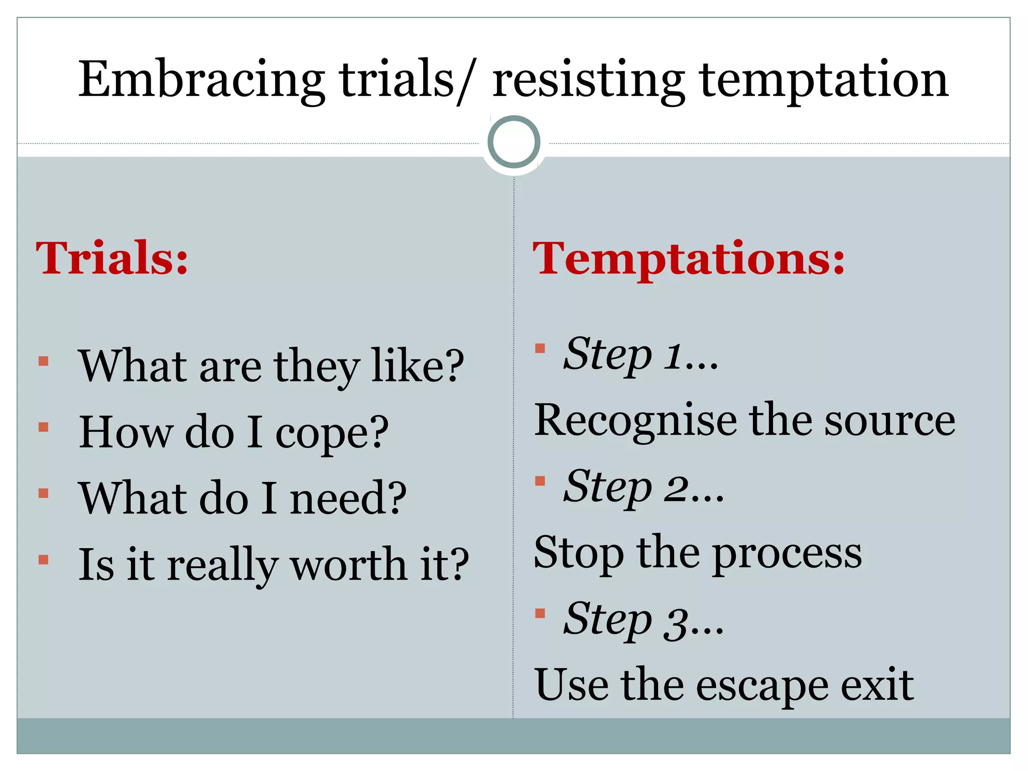 Embracing trials/ resisting temptation


Trials:                      Temptations:

   What are they like?       Step 1…
   How do I cope?           Recognise the source
                              Step 2…
   What do I need?
   Is it really worth it?   Stop the process
                              Step 3…

                             Use the escape exit
 