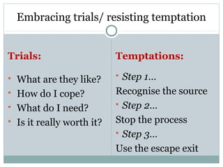 Embracing trials/ resisting temptation


Trials:                      Temptations:

   What are they like?       Step 1…
   How do I cope?           Recognise the source
                              Step 2…
   What do I need?
   Is it really worth it?   Stop the process
                              Step 3…

                             Use the escape exit
 