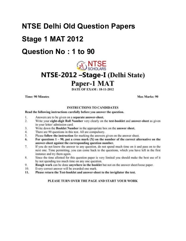 Ntse Stage 1 Delhi Old Question Papers Mat Lct Sat 2012