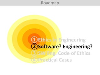 Roadmap
①Ethics in Engineering
②Software? Engineering?
③SW Eng. Code of Ethics
④Practical Cases
 