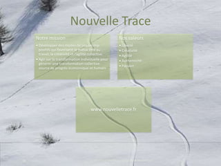 Nouvelle Trace
Notre mission

Nos valeurs

• Développer des modes de Leadership
positifs qui favorisent le mieux être au
travail, la créativité et l’agilité collective.
• Agir sur la transformation individuelle pour
générer une transformation collective
source de progrès économique et humain

• Liberté
• Créativité
• Agilité
• Authenticité
• Passion

www.nouvelletrace.fr

18

Extrait conférence "Stress : les apports des Neurosciences""

 