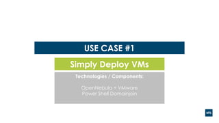 USE CASE #1
Simply Deploy VMs
Technologies / Components:
OpenNebula + VMware
Power Shell Domainjoin
 